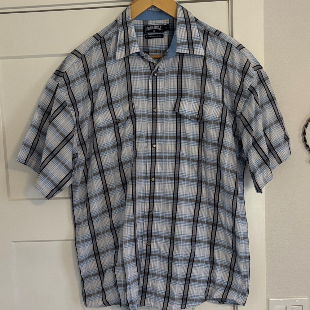 Panhandle Slim Blue and Black Plaid Pearl snap